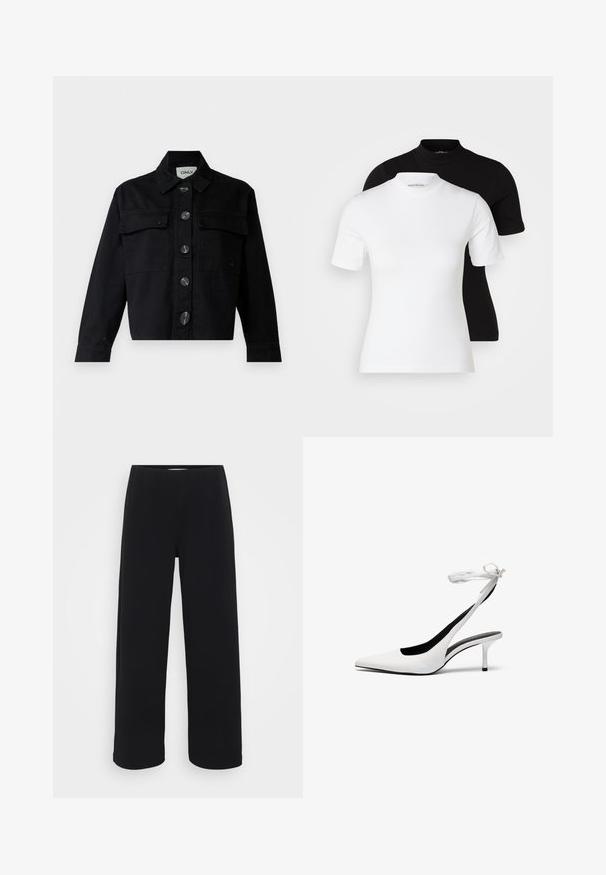 Black denim jacket featuring a classic collar, front pockets, and large buttons. The design is cropped with long sleeves and a structured fit.; Even&Odd Petite 2 PACK - Basic T-shirt - white/black; Black wide-leg pants with an elastic waistband. Made from a textured material, featuring a loose fit and straight cut from hips to hem.; White pointed-toe slingback heels with a thin ankle strap. Smooth leather material, thin stiletto heel, and a black interior lining.
