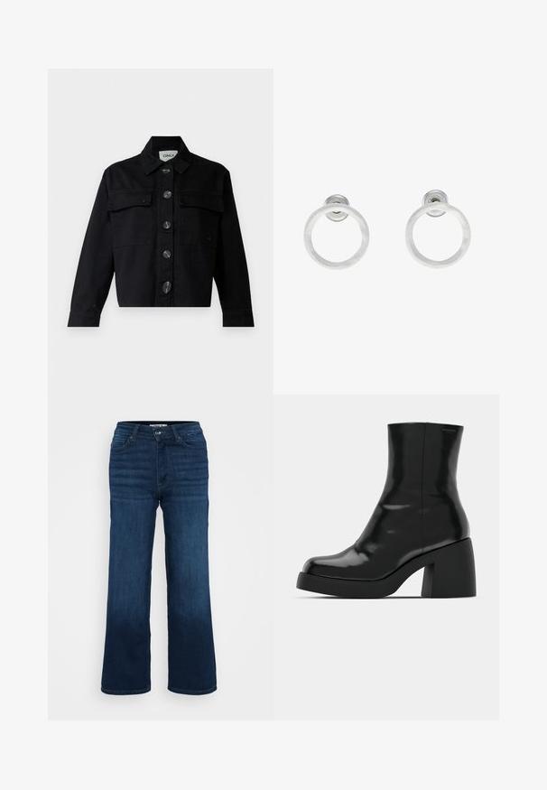 Giubbotto di jeans nero con colletto classico, tasche frontali e grandi bottoni. Il design è accorciato, con maniche lunghe e vestibilità strutturata.; Even&Odd Petite 2 PACK - Top - light grey/black; ONLY Petite ONLMADISON BLUSH WIDE - Wide Leg - dark blue denim; Stivali neri alla caviglia con finitura lucida, punta quadrata e tacco a blocco spesso. Il design presenta una silhouette senza cuciture e un branding minimale.; Orecchini a cerchio in metallo argento con finitura spazzolata, caratterizzati da un design circolare e un gancio trasparente sul retro per una vestibilità sicura.