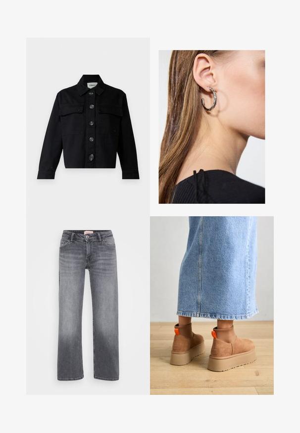 Fekete farmerdzseki klasszikus gallérral, elülső zsebekkel és nagy gombokkal. A dizájn rövidített, hosszú ujjak jellemzik, és strukturált szabása van.; Even&Odd Petite 2 PACK - Felső - light grey/black; Szürke farmernadrág egyenes szárú dizájnnal, öt zsebes stílussal, enyhe kopással, és gombos derékzárral.; Barna velúr platform csizmák elasztikus oldalsó panelekkel és narancssárga húzófülekkel, amelyek egy térdközépig érő világoskék farmer szoknyával vannak párosítva egy fás padlón.; Ez egy ezüst fülbevaló, sima felülettel, amelyen apró arany díszítőelemek találhatók. Kerek formájú és a fülcimpán viselik.