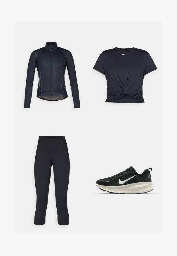 Dark blue cycling jacket with long sleeves, high collar, front zipper, and two zippered pockets; features smooth fabric and reflective accents.; Black athletic t-shirt made of smooth fabric, featuring a knotted front design and a small white Nike logo on the chest.; Black cropped leggings made of stretchy fabric, featuring a high waistband and smooth texture, with no visible patterns or hardware.; Black Nike running shoe with breathable mesh upper, white swoosh logo, textured detailing, and a cream-colored ZoomX midsole.