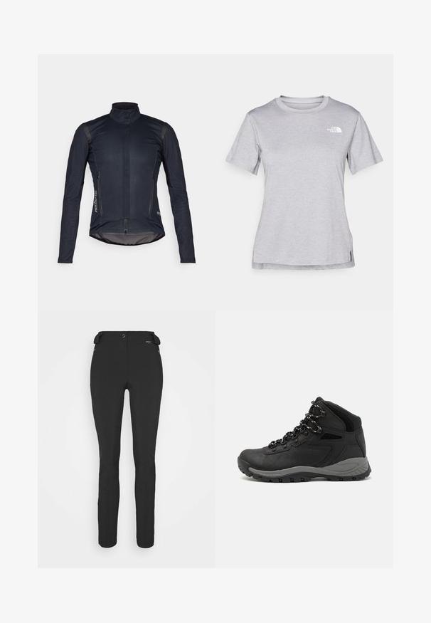 Mørkeblå cykeljakke med lange ærmer, høj krave, frontlynlås og to lynlåslommer; har glat stof og reflekterende accenter.; Grå kortærmet T-shirt lavet af blødt, fugttransporterende materiale. Har en rund hals og et lille hvidt logo øverst til venstre.; Sorte, tætsiddende bukser lavet af et fleksibelt materiale. Funktioner inkluderer en lynlåslomme i siden, artikulerede knæ og en glat tekstur.; Sort vandrestøvle med en mellem-højde design, der har en tekstureret overdel, grå detaljer og en holdbar gummisål med skridsikre klodser.