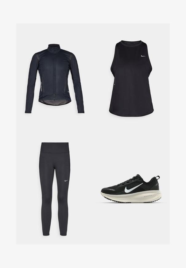 Tamsiai mėlyna dviratininko striukė su ilgomis rankovėmis, aukštu apykakle, priekyje užtrauktuku ir dviem užtrauktukais užsegamomis kišenėmis; turi glotnią medžiagą ir atspindinčius akcentus.; Juodas be rankovių bėgimo marškinėliai, pagaminti iš lengvos medžiagos, su apvalia kaklo iškirpte; turi subtilų logotipą ir šoninius plyšius, kad būtų užtikrinta oro cirkuliacija.; Juodi leggingai iš elastingos medžiagos, turintys aukštą juosmenį ir baltą Nike logotipą kairėje šlaunyje. Lygus paviršius, prigludusi dizainas.; Juodas Nike sportinis batelis su kvėpuojančiu tinklu, baltu swoosh logotipu, tekstūruoto dizaino detalėmis ir grietinėlės spalvos ZoomX viduriu.