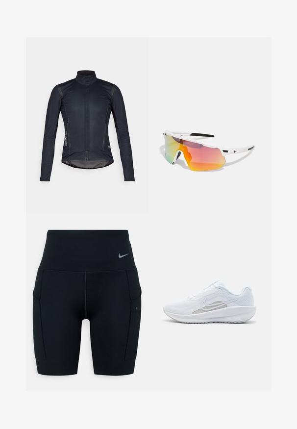 Temno modra kolesarska jakna z dolgimi rokavi, visokim ovratnikom, sprednjim zadrgo in dvema žepoma z zadrgo; ima gladko tkanino in odsevne dodatke.; Bela brezrokavnik iz lahkega materiala, s črnimi Nike logotipnimi poudarki na ramenih, okroglo ovratnico in sproščenim krojem.; Črne visoke športne kratke hlače iz raztegljivega materiala; imajo stranske žepe in majhen Nike logotip na pasu.; Bela športna čevlja z mrežastim zgornjim delom, zaobljenim nosom in teksturiranim podplatom. Ima srebrni Nike znak in minimalističen dizajn.; Sweet Protection SHINOBI UNISEX - Sončna očala - rig topaz/satin white
