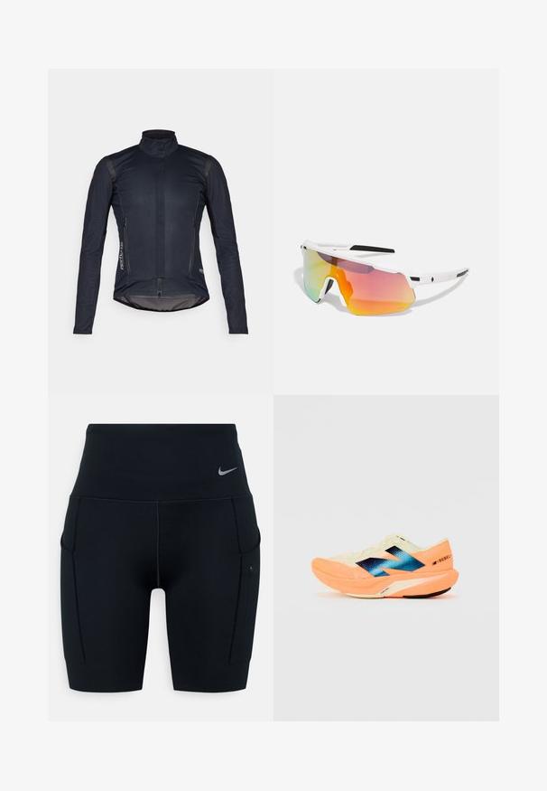 Mørkeblå cykeljakke med lange ærmer, høj krave, frontlynlås og to lynlåslommer; har glat stof og reflekterende accenter.; Hvid ærmeløs sports tanktop lavet af glat stof, med rund halsudskæring og et lille sort Nike logo på brystet.; Sorte højtaljede atletiske shorts lavet af strækbart materiale; har sidelommer og et lille Nike-logo på taljen.; Løbesko med en let cremelæder overdel, blå branding og orange detaljer på sålen. Mesh-struktur for åndbarhed.; Sweet Protection SHINOBI UNISEX - Solbriller - rig topaz/satin white