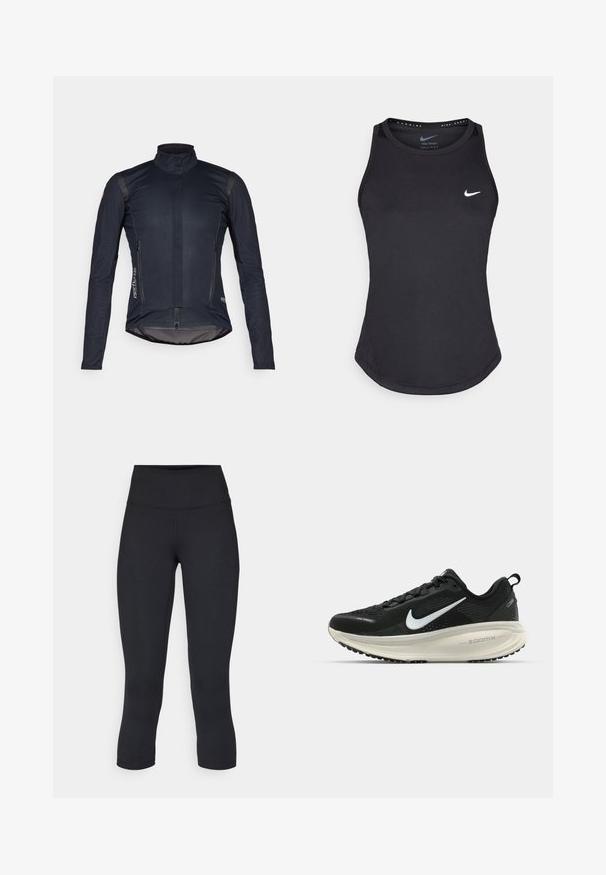 Dark blue cycling jacket with long sleeves, high collar, front zipper, and two zippered pockets; features smooth fabric and reflective accents.; Black athletic tank top made from moisture-wicking material. Features a round neckline, slim fit, and white Nike logo on the chest.; Black cropped leggings made of stretchy fabric, featuring a high waistband and smooth texture, with no visible patterns or hardware.; Black Nike running shoe with breathable mesh upper, white swoosh logo, textured detailing, and a cream-colored ZoomX midsole.