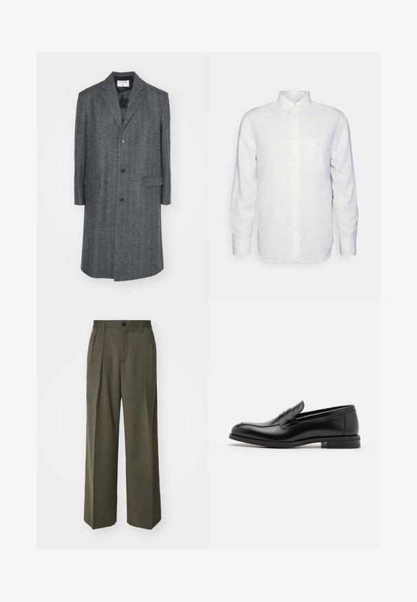Filippa K RELAXED COAT - Classic coat - grey; Long-sleeve white shirt made of cotton, featuring a button-down collar, front pocket, and regular fit. Textured fabric with a smooth surface.; Filippa K WIDE TROUSERS - Trousers - driftwood; Black leather loafers with a smooth texture, rounded toe, and a decorative strap across the vamp. Low stacked heel, minimalist design.