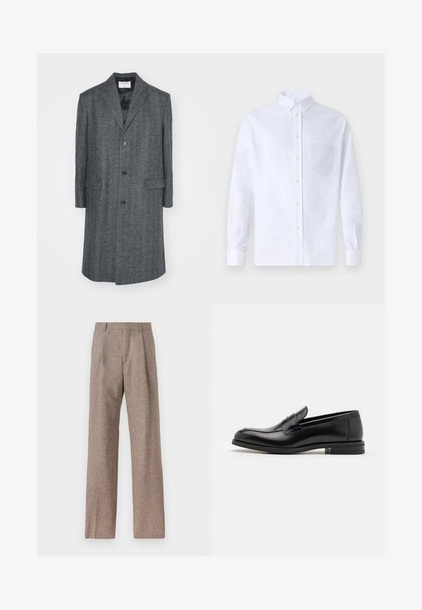 Filippa K RELAXED COAT - Klassikaline mantel - grey; Valge pikamaa varrukatega nööbiga särk, mis on valmistatud puuvillast ja millel on rinna tasku toon-toonis brodeeringuga, krae ja nööbiga mansetid.; Prunnid, kõrge vöökohaga püksid, mis on valmistatud tekstureeritud kangast. Omavad laiu jalgu ja kahte eesmist voldikut struktuuri jaoks. Korralik viimistlus, ilma nähtava riistvarata.; Mustad mustad nahast loafers sileda tekstuuriga, ümarat ninaosa ja dekoratiivne riba vampi üle. Madal kihiline konts, minimalistlik disain.