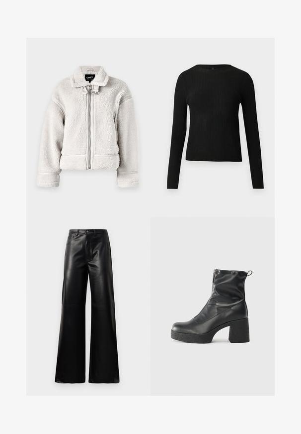 ONLY ONLMICHELLE JACKET - Vinterjakke - pumice stone; Svart ribbestrikket langermet tettsittende genser med rund hals, vist mot en ensfarget lys bakgrunn.; Sorte høy midje vide ben bukser i imitert skinn med knapp foran, glidelås, beltehemper og sidelommer på hvit bakgrunn.; Svarte ankelstøvler laget av glatt lær, med glidelås på siden, chunky strukturert hæl, og rund tå-design.