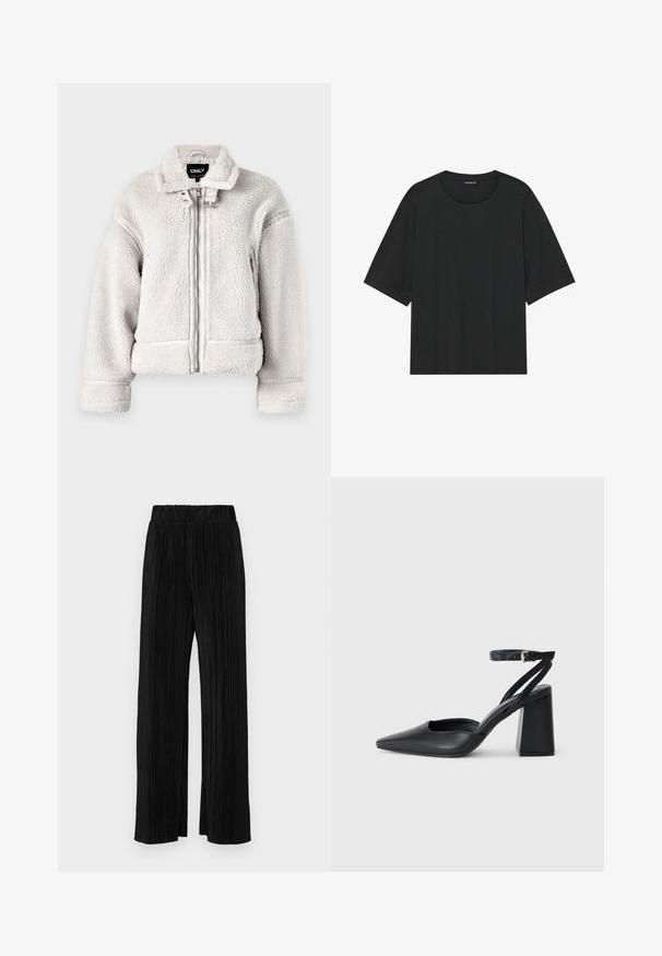 ONLY ONLMICHELLE JACKET - Vinterjakker - pumice stone; Sort kortærmet t-shirt lavet af bomuld. Har en rund hals, løs pasform og ren kant uden synlige mønstre eller hardware.; Sorte plisserede bukser med elastisk talje. Har brede ben og et glat, tekstureret stof med lodrette striber.; Sort læder spidse pumps med ankelrem og en chunky hæl. Flad tekstur, slankt design og minimalistisk æstetik.