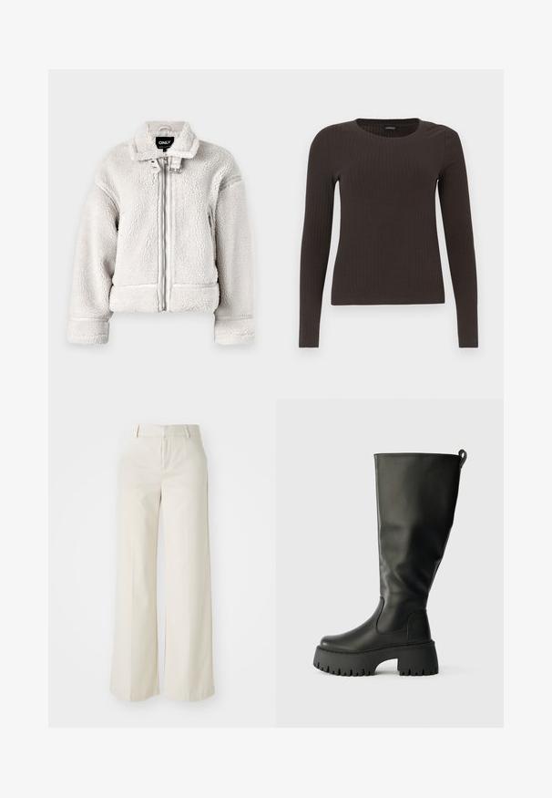 ONLY ONLMICHELLE JACKET - Talvejope - pumice stone; Pruun, pikkade varrukatega ribaga särk, millel on ümar kaelus. Valmistatud siledast, venivast materjalist, omades formatiivset siluetti ja minimaalset dekoratiivsust.; Laiad püksid helesbežis värvitoonis, valmistatud siledast kangast. Omavad klassikalist vööd ja siledat fronti puhaste joontega.; Knee-high mustad mustad saapad, millel on jäme tallapind, sile tekstuur ja tagaküljel tõmblukk mugavaks selga panemiseks. Ümar nood.