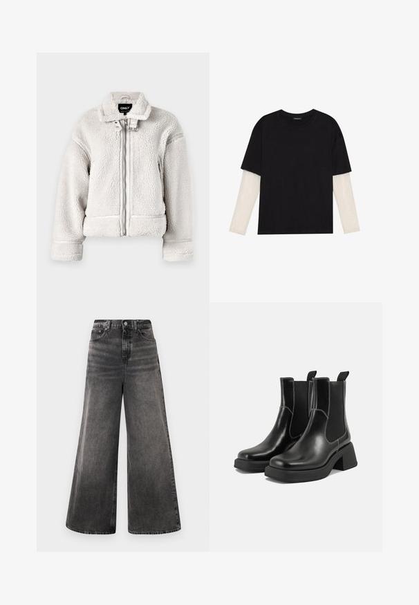 ONLY ONLMICHELLE JACKET - Jachetă de iarnă - pumice stone; Tricou negru din bumbac, cu mâneci scurte, peste un strat alb cu mâneci lungi, având un model texturat subtil. Design cu guler rotund.; Jeans negre cu croială largă din denim, cu un aspect decolorat, design cu cinci buzunare și închidere cu nasture la talie, având accente cusute.; Botine Chelsea din piele neagră, cu toc masiv, panouri laterale elastice și cusături albe contrastante. Finisaj texturat.