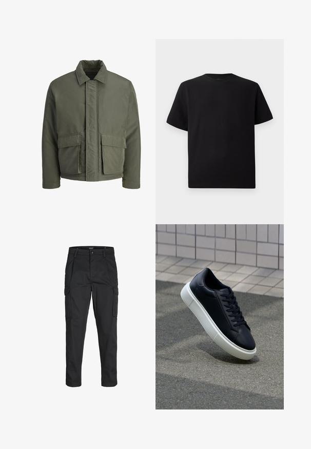 Giacca imbottita verde scuro con colletto alto, chiusura frontale a bottoni e due grandi tasche frontali. Texture esterna liscia, design corto.; T-shirt corto nero a maniche corte realizzato in tessuto testurizzato, con scollatura rotonda e vestibilità comoda. Semplice, senza motivi o dettagli.; Pantaloni cargo neri realizzati in un tessuto resistente, dotati di molteplici tasche, chiusura con bottone e un design aderente con gambe affusolate.; Sneaker in pelle nera con punta arrotondata e suola in gomma bianca. Presenta lacci piatti e cuciture minime sulla parte superiore. Suola testurizzata per una migliore aderenza.