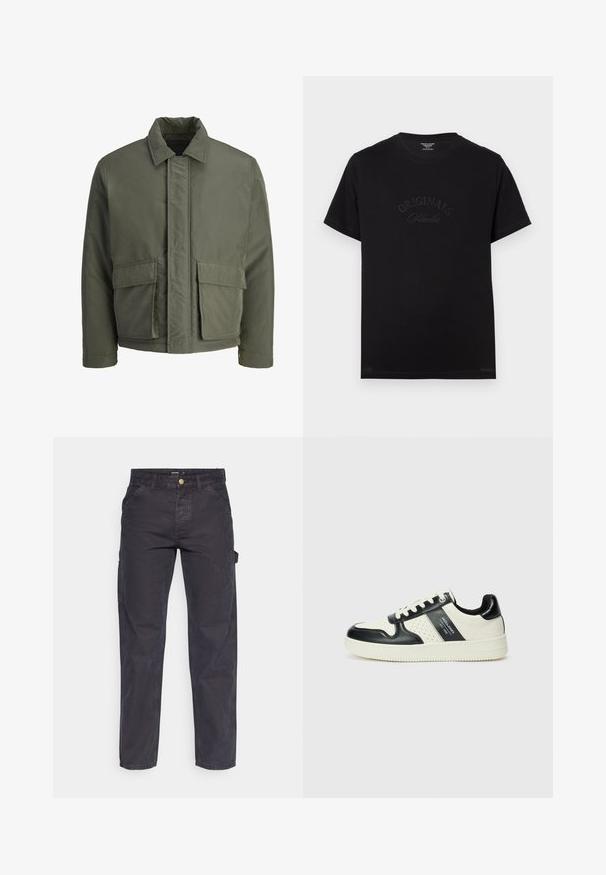 Tamnozelena, podstavljena jakna s visokim ovratnikom, prednjim kopčanjem na gumbe i dva velika prednja džepa. Glatka vanjska tekstura, skraćeni dizajn.; Crna pamučna majica s kratkim rukavima i okruglim izrezom. Na prednjoj strani se ističe natpis "ORIGINALS Studio" u toniranim slovima.; Tamno sivi cargo hlače od izdržljivog materijala, s ravnim krojem, pet džepova i kopčanjem na dugme u struku.; Kožne tenisice s crno-bijelom paletom boja, koje imaju perforirane akcentne detalje, podstavljeni ovratnik i teksturiranu potplat.