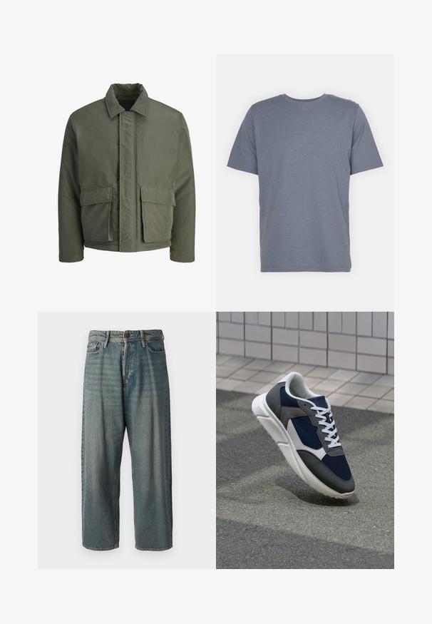 Σκούρο πράσινο, επενδυμένο μπουφάν με ψηλό γιακά, κλείσιμο με κουμπιά μπροστά και δύο μεγάλες μπροστινές τσέπες. Λείος εξωτερικός υφάσματος, cropped σχέδιο.; Γκρι κοντομάνικη μπλούζα με στρογγυλή λαιμόκοψη, φτιαγμένη από μαλακό ύφασμα μείγματος βαμβακιού. Απλός σχεδιασμός, χωρίς μοτίβα ή λεπτομέρειες.; Ανοιχτό μπλε τζιν παντελόνι με χαλαρή γραμμή, μέση μέσου ύψους και ευθείες γραμμές. Περιλαμβάνει πέντε τσέπες, θηλιές ζώνης και κούμπωμα με κουμπί.; Αθλητικά παπούτσια με επάνω μέρος από ναυτικό μπλε διχτυωτό ύφασμα, γκρι σουέτ λεπτομέρειες, λευκή καουτσούκ σόλα και επίπεδα λευκά κορδόνια, σχεδιασμένα για άνεση και αερισμό.