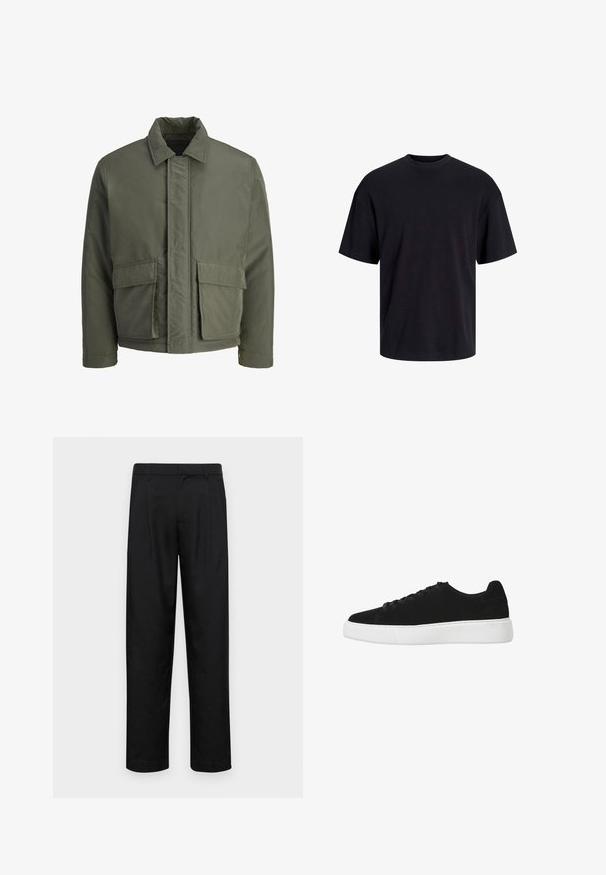 Jachetă de culoare verde închis, căptușită, cu un guler înalt, închidere cu nasturi în față și două buzunare mari în față. Textură exterioară netedă, design scurt.; Tricou din bumbac negru, cu guler rotund, mâneci scurte și o croială lejeră. Textură netedă și fără modele sau accente vizibile.; Pantaloni negri dintr-un material neted, cu un design drept, două pliuri frontale și un tiv standard cu bucle pentru curea.; Tenisuri negre din suede, cu vârful rotund, șireturile în partea din față și talpa albă din cauciuc. Design simplu, cu accente minime și textură netedă.