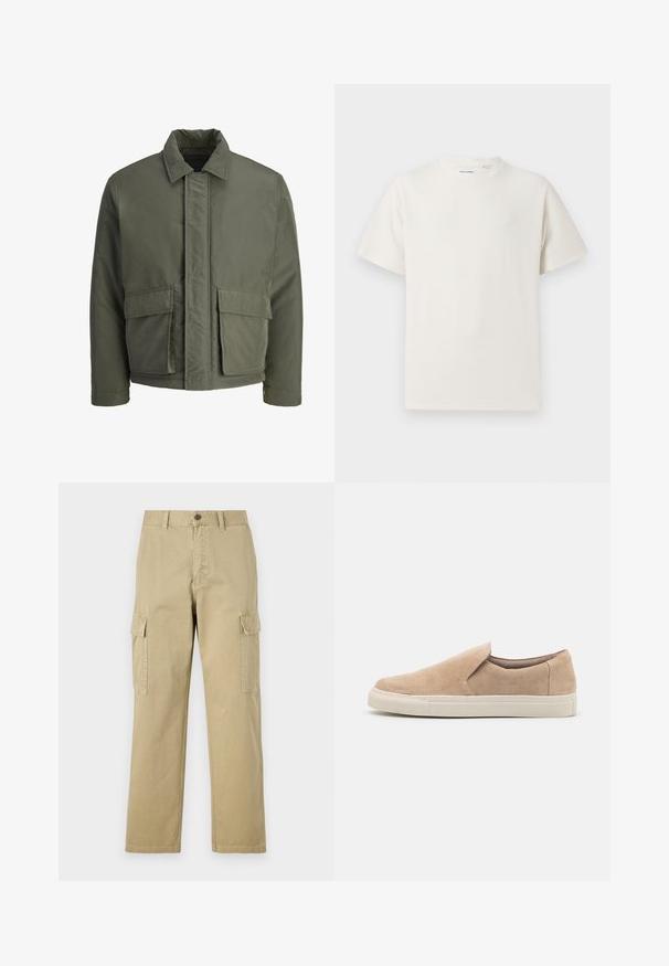 Dunkelgrüne, gepolsterte Jacke mit hohem Kragen, Knopfverschluss vorne und zwei großen Taschen vorne. Glatte Außentextur, kurzes Design.; Weißes T-Shirt mit kurzen Ärmeln in gerippter Textur. Runder Ausschnitt, lockere Passform, keine sichtbaren Muster oder Akzente. Einfaches und vielseitiges Design.; Beige Cargo-Hosen aus Baumwolle, mit zwei Seitentaschen, einem Knopfverschluss und geraden Beinen aus einem leicht strukturierten Stoff.; Beige Slipper aus Wildleder mit runder Zehenpartie, elastischen Seiten und einer weißen Gummisohle mit strukturierten Akzenten.