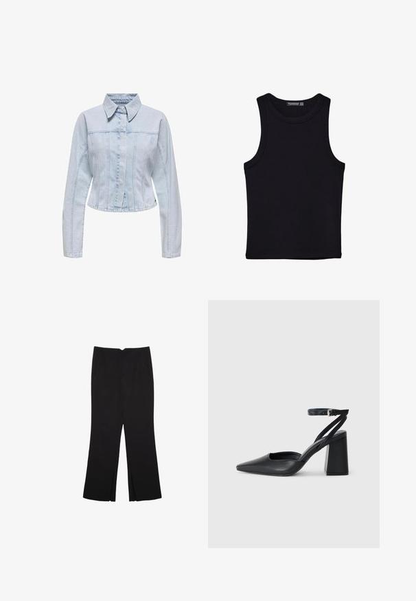 Ljusblå denimjacka med krage, långa ärmar, kort design och vertikal sömdetaljering. Knäppning framtill.; Svart linne i bomull, med rund halsringning och breda armhål. Slät yta med sydda fållar. Klassisk, minimalistisk design.; Svarta byxor med rak passform, utrustade med framfickor och sidoklyvningar vid fållen. Tillverkade av mjukt, slätt tyg. Lämpliga för olika tillfällen.; Svart läderpumps med spetsig tå, ankelrem och kraftig klack. Slät textur, stilren design och minimalistisk estetik.