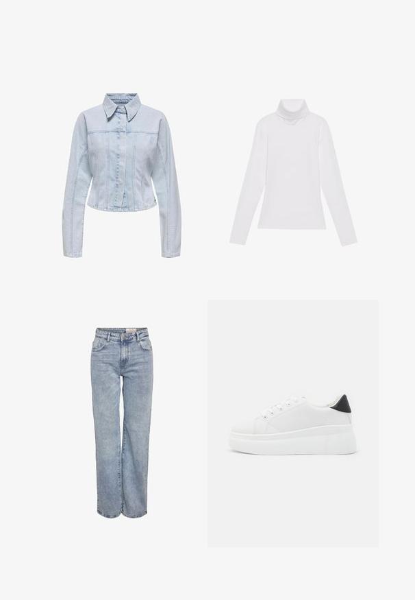 Hele sinine teksajakk, millel on kraega kaelus, pikkade varrukatega, lühendatud disain ja vertikaalsed õmblused. Nuppudega eesmine sulgur.; Valge pikkade varrukate turtleneck-särk, mis on valmistatud siledast ja venivast kangast. Omab kõrget kraed ja keha lähedast lõiget, ilma nähtavate mustrite või kaunistusteta.; Heledad sinine laia jalaeest, valmistatud denimist, kõrge vöökohaga, viie tasku disainiga ja kerge tuhmumisega, mis annab kulunud välimuse.; Valged platvormsneakerid, mis on valmistatud siledast sünteetilisest materjalist, ovaalse toe, paelkinnise disaini ja tekstuurse kummitaldiga. Must kontsrihm.