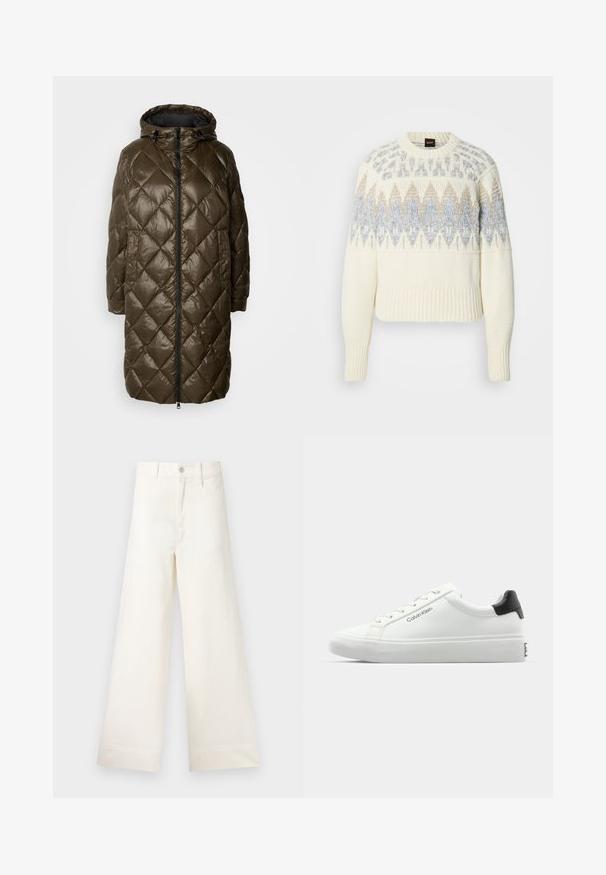 Olive green quilted long coat with a hood, featuring a front zipper, side pockets, and a glossy texture.; Cream knit sweater with ribbed cuffs and hem, featuring blue and beige geometric patterns across chest and upper sleeves.; Wide-leg trousers in light beige cotton. Features a high waist, front pockets, and a straight cut. Clean hem finishing without patterns.; White sneaker with a smooth finish, black heel accent, and lace-up design. Features "Calvin Klein" branding on the side. Minimalist style.