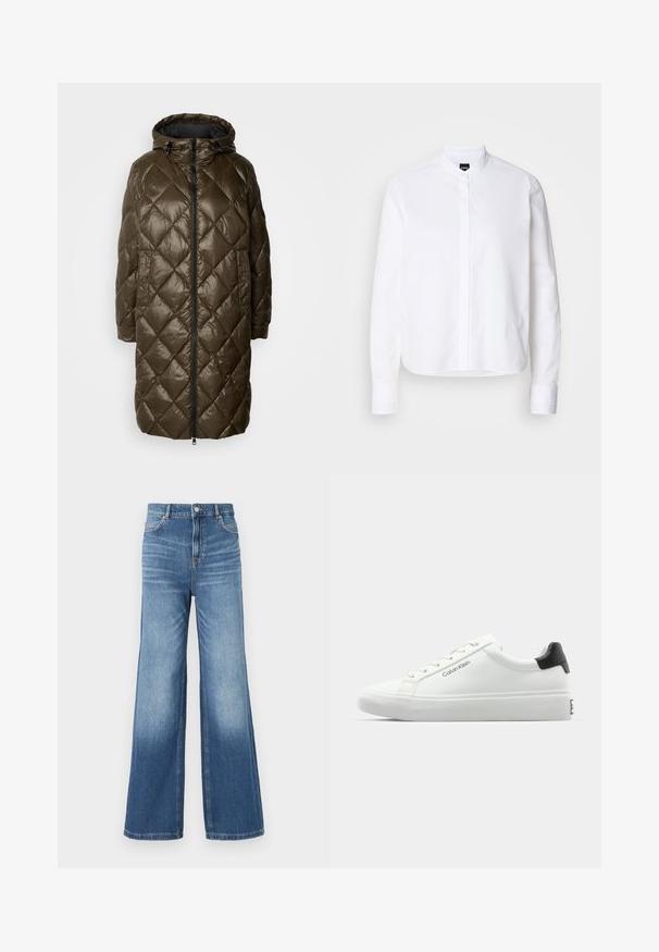 Tummanvihreä tilkkuvuorattu pitkä takki hupulla, jossa on edessä vetskari, sivutaskut ja kiiltävä pinta.; Valkoinen kauluspaita, jossa on etupaneeli, pitkät hihat ja nappiteknat. Valmistettu sileästä puuvillakankaasta, joka on rakenteeltaan napakka.; Vaaleansinisiä leveälahkeisia farkkuja, joissa on korkea vyötärö, viisi taskua, vyölenkit ja hillitty haalistuma helmaa kohti.; Valkoiset tennarit, joissa on sileä pinta, musta kantapääkorostus ja nauhakiinnitys. Sivulla on "Calvin Klein" -brändäys. Minimalistinen tyyli.