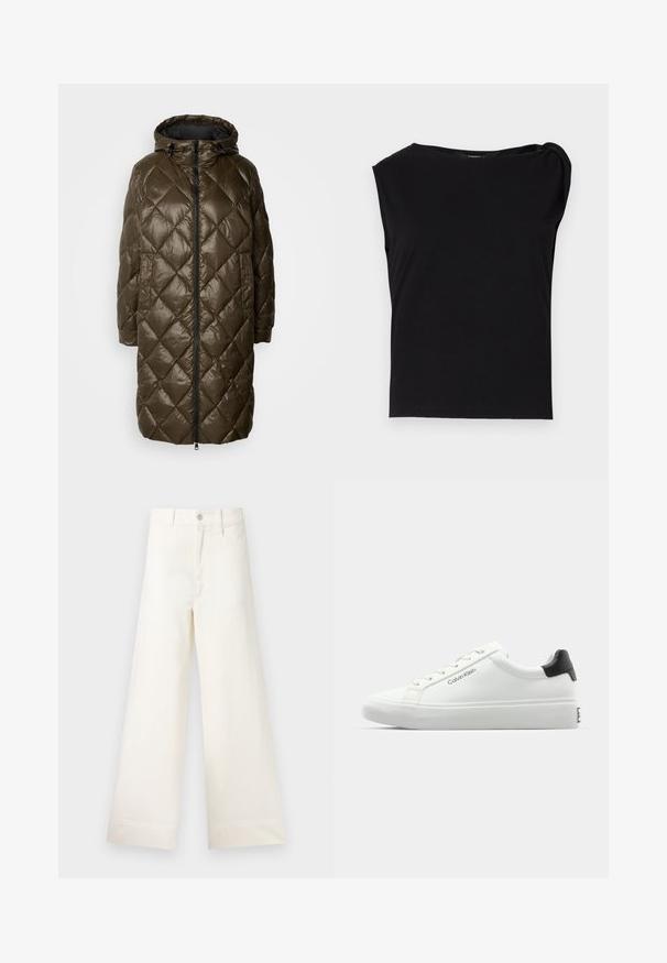 Olivgrüner, gestepfter langer Mantel mit Kapuze, ausgestattet mit einem Reißverschluss auf der Vorderseite, Seitentaschen und einer glänzenden Textur.; Schwarzes kurzärmliges Oberteil aus glattem Stoff. Mit rundem Kragen und drapiertem Detail an der Schulter. Einfaches, figurbetontes Design.; Weite Hosen aus hellem beigen Baumwollstoff. Mit hoher Taille, vorderen Taschen und geradem Schnitt. Saubere Saumverarbeitung ohne Muster.; Weißer Sneaker mit glatter Oberfläche, schwarzem Absatz und Schnürdesign. Mit "Calvin Klein"-Branding an der Seite. Minimalistischer Stil.
