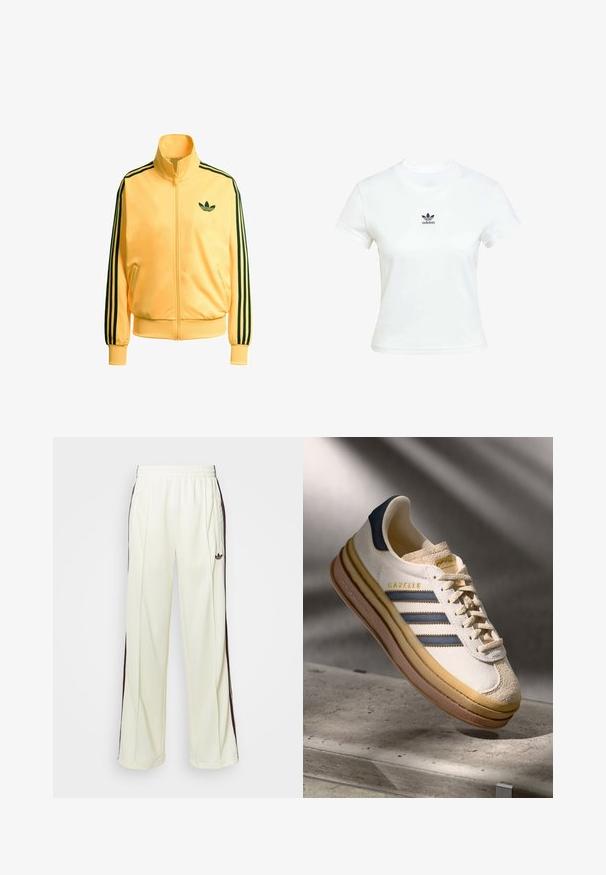 Gul zip-up jacka av slät tyg. Har svarta tre-stripes accenter på ärmarna och en liten grön logo på bröstet.; Vit bomullströja med korta ärmar och rundad halsringning. Har en svart Adidas-logga tryckt på bröstet. Enkel, minimal design.; Krämfärgade sweatpants med avslappnad passform, som har mörkbruna sidosträck och en broderad logotyp på vänster lår.; Adidas Gazelle-sneaker med en överdel i creamfärgad mocka, blå läderdetaljer, tre blå ränder, en beige mellansula och en brun gummisula.