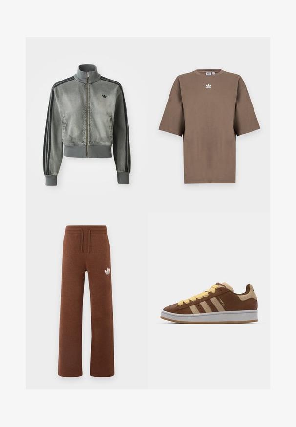 Casaco desportivo cinza com fecho éclair, gola alta, punhos e bainha canelados, riscas pretas nas mangas e um pequeno logo preto da Adidas no peito.; T-shirt de algodão castanho com mangas curtas, decote redondo e logo branco da Adidas centrado no peitoral, apresentando um design simples e um corte descontraído.; Calças de moletão castanhas em tecido suave com um corte descontraído, apresentando um cós elástico, cordão ajustável e um logótipo branco na coxa esquerda.; adidas Originals CAMPUS 00S DOUBLE W - Sapatilhas - preloved brown/sand strata/orange tint