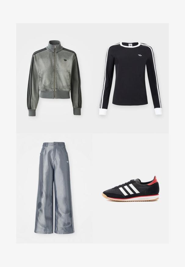 Pilkas sportinis džemperis, užtrauktuku gaunamas iki kaklo, su briaunotais rankogaliais ir apačia, juodomis juostelėmis ant rankovių ir mažuoju juodu Adidas logotipu ant krūtinės.; Juodas ilgomis rankovėmis marškinys su balta apykakle ir rankogaliais, balti dryžiai palei rankoves ir mažas baltas Adidas logotipas kairėje krūtinės pusėje.; Plačios kelnės iš blizgaus pilko medžiagos, su baltomis šoninėmis juostelėmis ir liepsnos raštu apatinėje dalyje. Mygtuko ir užtrauktuko uždarymas juosmens srityje.; Juodas sportinis batelis su baltais dryžiais, zomšos detalėmis ir raudonu kulnu. Tinklelio tekstūra ir guminis padas su šviesiai rudu protektoriumi.