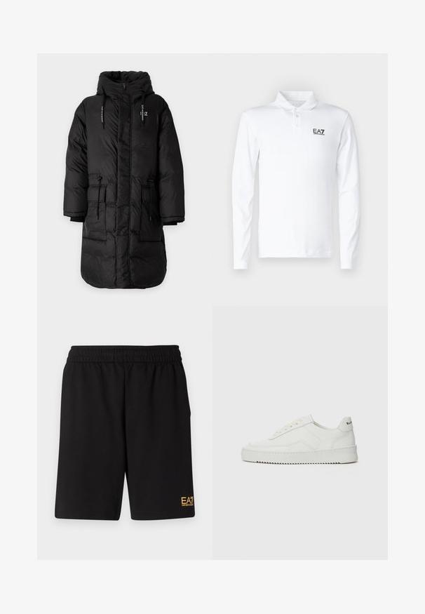 Black padded long coat with a hood, featuring drawstrings, a zip front, and large pockets. Smooth, shiny texture; quilted pattern.; White long-sleeve polo shirt made of cotton, featuring a classic collar, three buttons, and a black EA7 logo on the chest.; Black athletic shorts made of soft fabric,Featuring an elastic waistband and a small yellow EA7 logo on the lower left leg.; White leather sneaker with a smooth finish, round toe, flat laces, and a textured sole. Features a subtle logo on the heel.