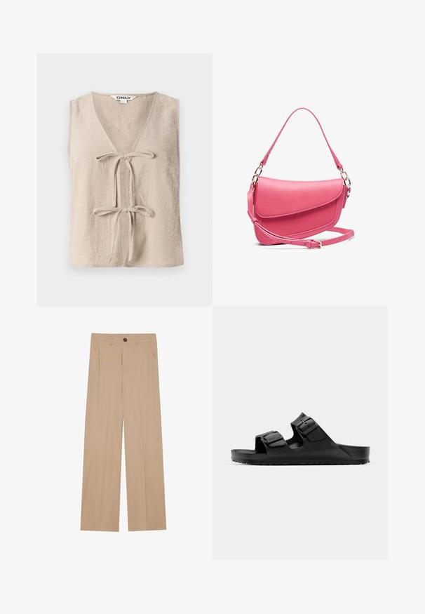 Top beige senza maniche con scollo a V e due fiocchi frontali. Realizzato in un tessuto testurizzato, presenta una vestibilità ampia e un design semplice.; Tre maglioni senza maniche in crema, grigio e nero. Ognuno presenta un colletto e un orlo a costine, realizzati in morbido materiale a maglia.; Pantaloni beige a gamba larga con una texture liscia, caratterizzati da due tasche laterali, una chiusura frontale con bottone e pieghe sottili per un tocco di dettaglio.; Sandali in gomma nera con due cinturini regolabili, soletta testurizzata e suola spessa con battistrada, caratterizzati da un design minimale.; Borsa a tracolla in pelle rosa con una forma strutturata, dotata di chiusura a pattina, tracolla regolabile e dettagli in hardware dorato. Superficie texture.