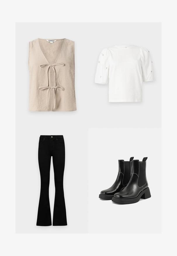 Béžový top bez rukávov s výstrihom do V a dvomi prednými viazaniami. Vyrobený z textúrovanej tkaniny, s voľným strihom a jednoduchým dizajnom.; Biela bavlnená tričko s krátkymi volánovými rukávmi, zdobené malými striebornými ozdobami pozdĺž rukávov. Klasický okrúhly výstrih, voľný strih.; Čierne vysoké nohavice s gombíkom a zipsom, predné vrecká a rozšírené nohavice položené na bielom pozadí.; Čierne kožené Chelsea čižmy s robustným podpätkom, elastickými bočnými panelmi a kontrastným bielym prešívaním. Textúrovaný povrch.