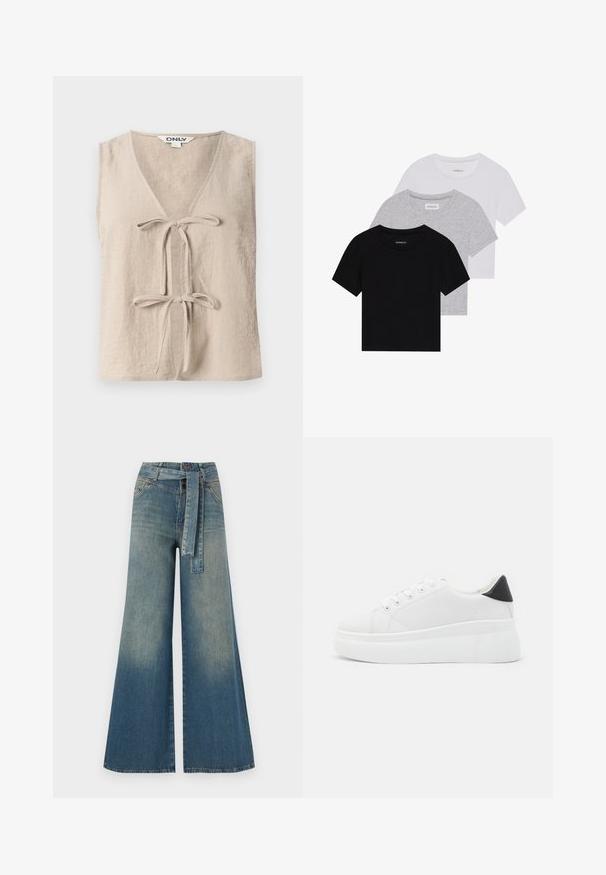Top sem mangas bege com decote em V e dois laços frontais. Feito de um tecido texturizado, apresentando um corte solto e um design simples.; Conjunto de três t-shirts de manga curta nas cores preto, cinza e branco. Feitas em algodão, com gola redonda e um design simples, em cores sólidas.; Calças de ganga de perna larga com um gradiente de azul claro a escuro, cintura alta, passantes para cinto e um cinto de tecido a condizer. Acabamento em ganga texturizada.; Tênis plataforma brancos feitos de material sintético suave, apresentando ponta arredondada, design com cadarços e sola de borracha texturizada. Acento preto no calcanhar.