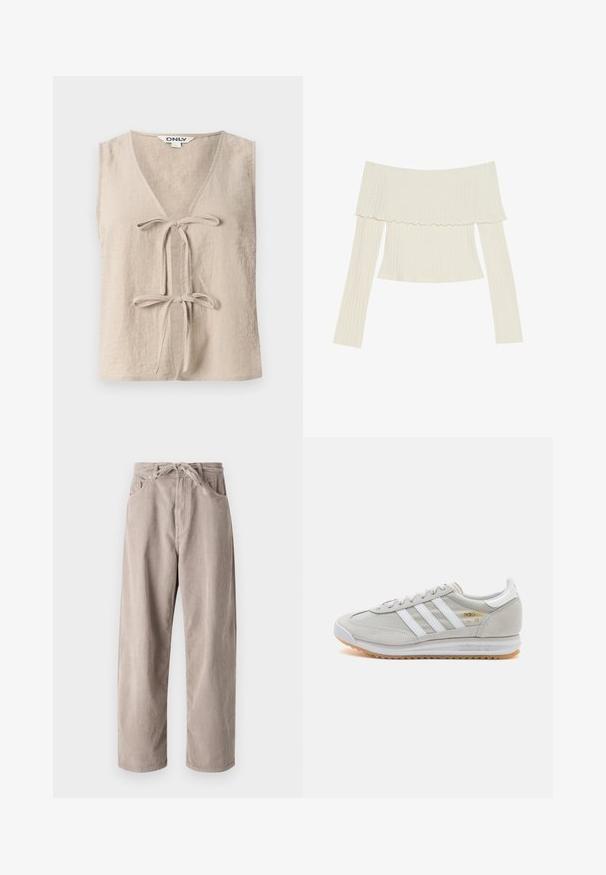 Bežs bezpiedurkņu tops ar V-veida kakla izgriezumu un diviem priekšējiem saišu elementiem. Izgatavots no teksturēta auduma, ar brīvu piegriezumu un vienkāršu dizainu.; Kremkrāsas off-the-shoulder ribota blūze ar viļņainu kakla izgriezumu un garām piedurknēm, kas akcentē pieguļošu siluetu. Kopumā gluda tekstūra.; Bežīgas korduroja bikses ar brīvu piegriezumu, ar saistāmām jostām, divām priekšējām kabatām un vertikālu ribotu tekstūru.; Gaišpelēka kedas, izgatavotas no zamša un sieta, ar trim baltām svītrām, apaļu purngalu un gumijas zoli. Zelta logo akcenta detaļa blakus auklām.