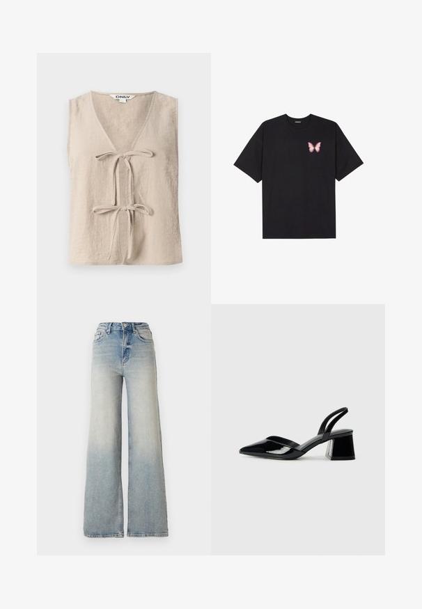 Beige sleeveless top with a v-neck and two front ties. Made from a textured fabric, featuring a loose fit and simple design.; Black cotton t-shirt with short sleeves, featuring a small pink butterfly graphic on the left chest. Crew neck design with a relaxed fit.; Light blue wide-leg jeans made of denim, featuring a high waist, five pockets, and visible stitching along the seams.; Black patent leather slingback heels with a pointed toe and a geometric block heel. Features a sleek, minimal design and smooth texture.