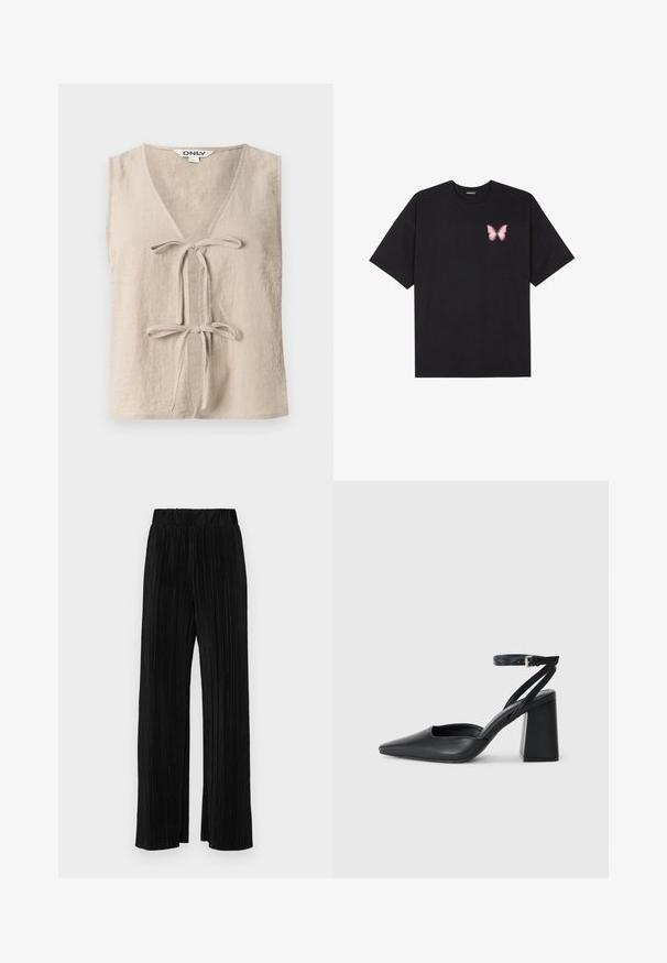 Beige ermeløs topp med v-hals og to frontsnører. Laget av et teksturert stoff, med en løs passform og enkelt design.; Svart bomulls T-skjorte med korte ermer, med en liten rosa sommerfugl grafikk på venstre bryst. Crew-neck design med en avslappet passform.; Sorte plisserte bukser med elastisk midje. Har vide ben og et glatt, strukturert stoff med vertikale striper.; Svart lær pumps med spiss tå, ankelrem og kraftig hæl. Flat tekstur, strømlinjeformet design og minimalisme.