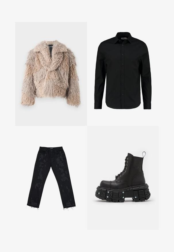 Faux fur jacket in beige with a fluffy texture, wide collar, and cropped design. Features varying lengths of fur in a patchwork pattern.; Black long-sleeve shirt made of smooth fabric, features a button-up front, pointed collar, and a tailored fit with a curved hem.; Black denim jeans with distressed patches, relaxed fit, frayed hem, and standard five-pocket design. The fabric appears durable and textured.; Black leather combat boots with a high shaft, lace closure, chunky rubber sole, and metal accents on the sole's base.