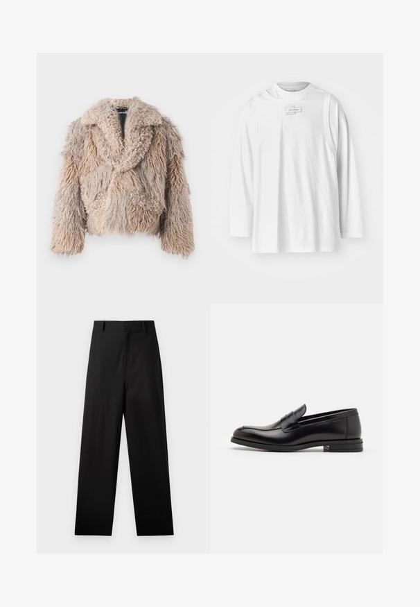 Kailinys kailio švarkas smėlio spalvos, su pūkine tekstūra, plačiu apykakle ir trumpu kirpimu. Yra skirtingų ilgių kailių, sudarančių skirtingų fragmentų raštą.; Feng Chen Wang DECONSTRUCTION UNISEX - Ilgarankovis viršutinės dalies drabužis - white; Juodos medvilnės kelnės su tiesiu kirpimu, turi priekinį mygtuko užsegimą ir šonines kišenes. Lygus paviršius, be raštų.; Juodos odinės loafers, turinčios lygų paviršių, apvalią noselę ir dekoratyvinę juostą per priekinę dalį. Žemas krentantis kulnas, minimalistinis dizainas.