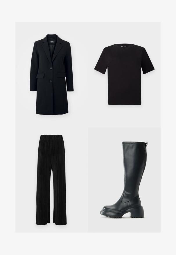 Čierny dlhý kabát vyrobený z textúrovaného materiálu, s klopovým golierom, dvoma prednými vreckami a dvomi gombíkmi na zapínanie. Jednoduchý, prispôsobený dizajn.; Čierne tričko s krátkym rukávom a okrúhlym výstrihom, vyrobené z mäkkej bavlny. Jednoduchý dizajn, bez viditeľných log alebo vzorov.; Čierne plisované nohavice s elastickým pásom. Majú široké nohavice a hladkú, textúrovanú látku s vertikálnymi pruhmi.; Vysoká čierna kožená čižma s masívnou platformou a blokovým podpätkom, s praktickým pútkom a textúrovaným vzorom na podošve.