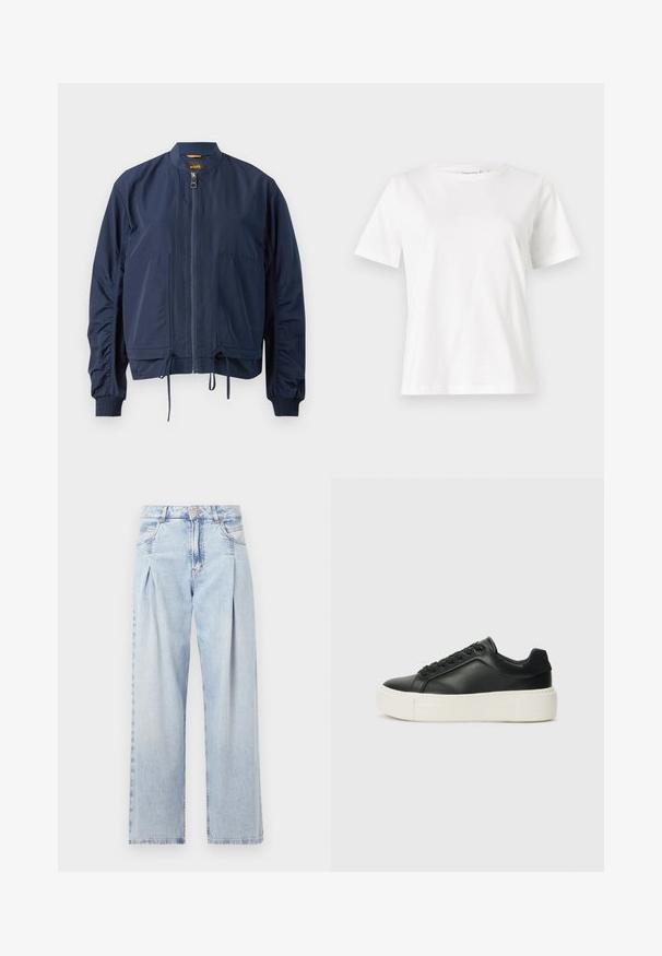 Jūreivio bombonešio striukė iš lengvos medžiagos. Su visišku užtrauktuku, elastingais rankogaliais, suvirintu apvadu ir dviem priekinėmis kišenėmis. Paprastas dizainas.; Balta medvilninė marškinėliai trumpomis rankovėmis, su apvalia iškirpte ir laisvu siluetu. Lygi tekstūra, be raštų ar akcentų, minimalistinis dizainas.; Šviesiai mėlyni džinsai su aukštu liemeniu, plačiomis kojomis, dviem šoninėmis kišenėmis ir raukinių dizainu. Minkšta tekstūra su nudilusia apdaila.; Juodas odinis sportbačių modelis su apvaliu priekiu, baltu platformos padu ir juodais raišteliais. Yra subtilus logotipas ant kulno ir glotni tekstūra.