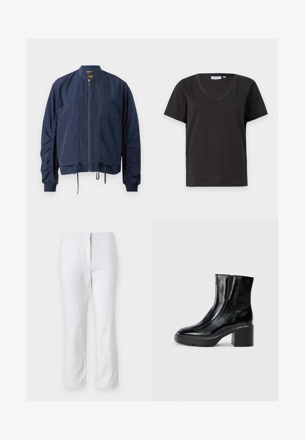 Jachetă bomber în stil navy dintr-un material ușor. Include un fermoar complet, manșete elastice, cordon de ajustare la tiv și două buzunare frontale. Design simplu.; Tricou negru din bumbac cu decolteu în V și mâneci scurte. Design simplu, cu o croială normală și fără modele sau accente.; Pantaloni din bumbac alb, cu un design drept, având talie medie și fără hardware sau modele vizibile. Textură uniformă pe întreaga suprafață.; Bocanci de gleznă din piele lacuită neagră, cu vârf curbat, panouri elastice pe laterale și toc bloc masiv. Prezintă un logo embosat pe spate.