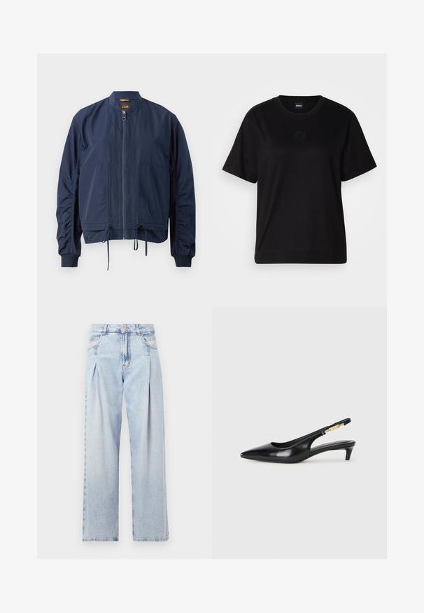 Granatowa kurtka bombowa z lekkiego materiału. Posiada pełny zamek błyskawiczny, elastyczne mankiety, ściągacz u dołu oraz dwie przednie kieszenie. Prosty design.; Czarny bawełniany t-shirt z okrągłym dekoltem, krótkimi rękawami i haftowanym logo na piersi. Prosty, luźny krój bez wzorów.; Jasnoniebieskie dżinsy z wysokim stanem, szerokimi nogawkami, dwoma bocznymi kieszeniami oraz plisowanym wzorem. Miękka tekstura z wyblakłym wykończeniem.; Czarne skórzane szpilki typu slingback z ostrym noskiem, posiadające smukły obcas i złoty akcent na regulowanym pasku. Gładka tekstura.
