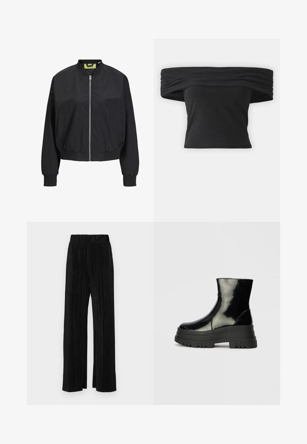 Crna bomber jakna s patentnim zatvaračem sprijeda, rebrastim manžetama i pojasom. Ima bočne džepove i kontrastnu unutarnju oznaku. Glatka tekstura tkanine.; Crni top bez ramena s skupljenom teksturom na izrezu, kratkim rukavima i uklapajućim krojem. Napravljen od rastezljivog materijala.; Crne plisirane hlače s elastičnim pojasom. Imaju široke nogavice i glatku, teksturiranu tkaninu s vertikalnim prugama.; Crna sjajna čizma do ankleta s debelim zupčastim potplatom i zaobljenim vrhom, bočni pogled na jednostavnoj svijetlosivoj pozadini.