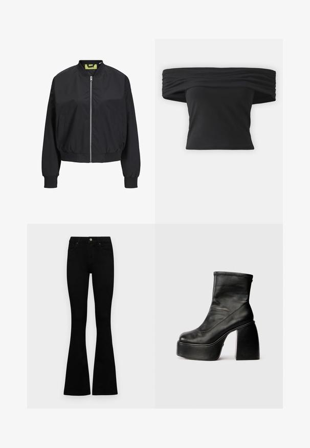 Veste bomber noire avec fermeture éclair sur le devant, poignets et taille côtelés. Dotée de poches latérales et d'une étiquette intérieure contrastante. Texture de tissu lisse.; Haut noir à épaules dénudées avec une texture froncée au col, manches courtes et design ajusté cropped. Fabriqué en matière extensible.; Jean noir taille haute avec fermeture à bouton et à zip, poches avant et jambes évasées, posés à plat sur un fond blanc.; Bottes noires en cuir jusqu'à la cheville avec un bout rond, une texture lisse et un large talon proéminent. Avec une fermeture éclair latérale. Design minimaliste.