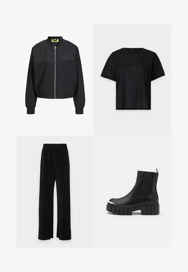 Mustmust väikejope, millel on tõmbluku esiosa, soonikkoes varrukate otsad ja vöökoht. Omab küljetaskuid ja kontrastset sisetikku. Sile kangatekstuur.; Must musta lühikese varrukaga T-särk, millel on vabalt langev lõige, sile tekstuur ja ümmargune kaelus. Kerge kangas, millel on kerge sära.; Mustad pleekitud püksid elastse vöökohtaga. Omavad laiad jalad ja sujuvat, tekstureeritud kangast vertikaalsete triipudega.; Mustad mustad kingad sileda nahaga, elastsete paneelidega, paksu platvormi tallaga ja metallist varbaga.