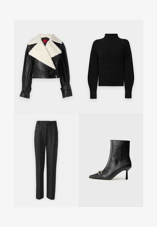 Juodas odinis trumpas švarkas su baltu avikailio apykakle, diržu juosmeniui ir plačiomis rankovėmis. Apykaklė sulankstyta, o medžiagos tekstūra kontrastuojanti.; Juodas megztinis su aukšta apykakle, banguota tekstūra ir raglano rankovėmis. Kūnas šiek tiek sutrumpintas, su storu banguotu apdailos kraštu.; Juodi pritaikyti kelnes pagamintos iš lengvos medžiagos, turinčios tiesų kirpimą, plokščią priekinę dalį ir diržo kilpas. Lygus paviršius be matomų raštų.; Juodas odinis apavas iki kulkšnies su smailiu nosiu, plonu vidutinio aukščio kulnu ir sidabriniu sagties akcentu šone, prieš paprastą foną.