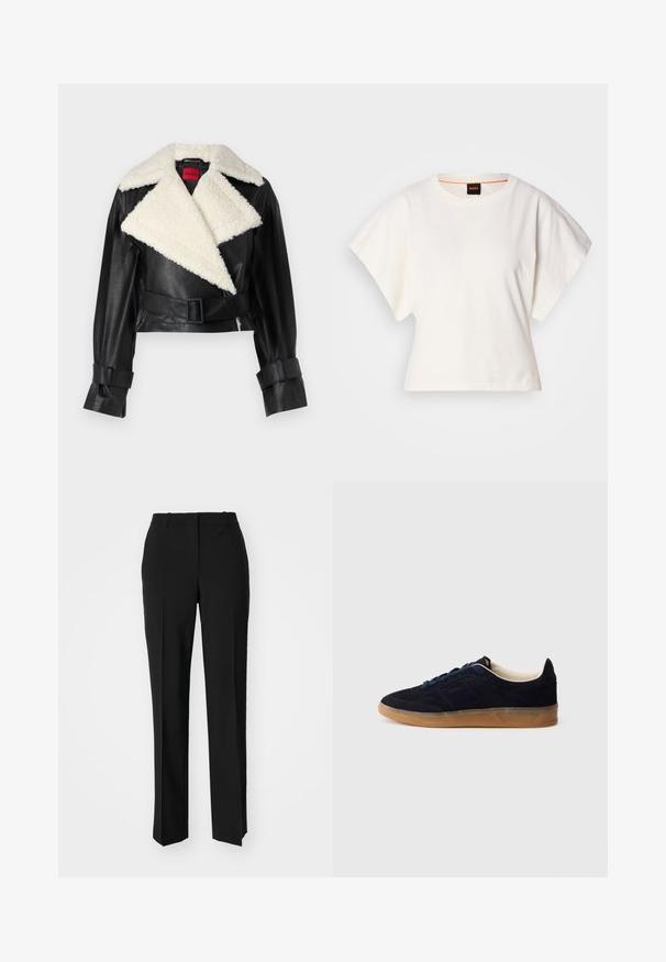 Giacca cropped in pelle nera con colletto in shearling bianco, vita cinturata e ampie maniche. Presenta un colletto pieghevole e un contrasto di tessuti testurizzati.; T-shirt bianca cropped, maniche corte e larghe, tessuto di cotone morbido, scollatura rotonda con bordino arancione sottile, design minimale, senza motivi o grafiche.; Pantaloni neri su misura con un design a gamba dritta, caratterizzati da una texture liscia e pieghe ben definite sul davanti. Senza hardware visibile.; Sneaker in camoscio blu navy con suola in gomma color gomma, lacci blu e design minimalista. Presenta logo in rilievo sul lato e fodera interna liscia.