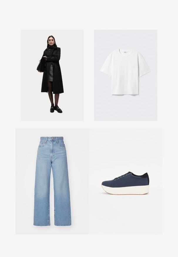 Schwarzer Trenchcoat mit Knöpfen, langen Ärmeln und hohem Kragen. Getragen über einem grauen Rock und schwarzen Slippern, ergänzt mit einer Handtasche.; Weißes T-Shirt mit kurzen Ärmeln aus weichem Baumwollstoff, mit einem runden Ausschnitt und lässigem Schnitt mit geradem Saum, schlicht ohne Muster oder Grafiken.; Hellblaue High-Waist-Weite-Leg-Jeans mit Knopf- und Reißverschluss vorne, Vorder- und Rückentaschen, auf weißem Hintergrund.; Dunkelblaue Sneaker mit einem strukturierten Obermaterial, weißer Plattformsohle, runder Zehenpartie und schwarzem Fersenakzent. Verfügt über sechs Ösen für die Schnürsenkel.