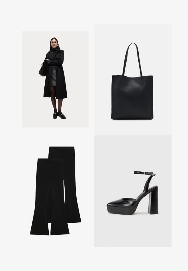 Cappotto nero con bottoni, maniche lunghe e colletto alto. Indossato sopra una gonna grigia e mocassini neri, accessorato con una borsa.; T-shirt nera in cotone con maniche corte, caratterizzata da una piccola grafica di una farfalla rosa sul lato sinistro del petto. Design a girocollo con una vestibilità rilassata.; Pantaloni neri a zampa d'elefante realizzati in tessuto elasticizzato, con vita alta e una superficie liscia, dal taglio aderente che si allarga a partire dal ginocchio.; Tacchi a piattaforma neri con punta appuntita e cinturino regolabile alla caviglia. Realizzati in pelle liscia, presentano un tacco a blocco spesso.; Borsa tote in pelle nera con texture liscia, forma rettangolare e due manici lunghi. Nessun hardware o decorazione visibile.