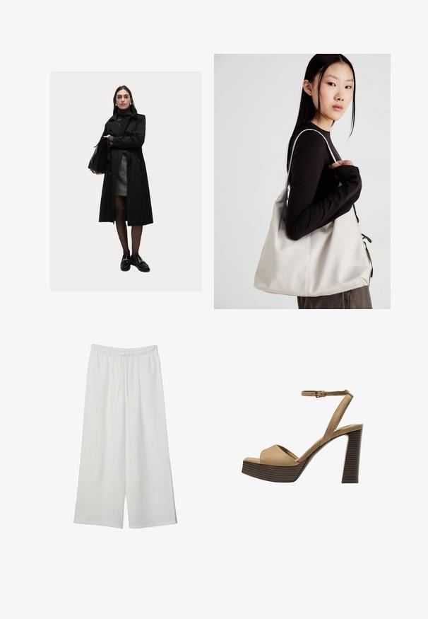 Sort trenchcoat med knapper, lange ærmer og høj krave. Båret over en grå nederdel og sorte loafers, accessorieret med en taske.; Hvid kortærmet t-shirt lavet af bomuld. Har en rund halsudskæring og en afslappet pasform. Glat tekstur uden synlige mønstre eller detaljer.; Hvide vidde bukser lavet af letvægtsstof, med en elastisk talje og snøre for justerbar pasform. Glat tekstur.; Beige ruskinds højhælede sandaler med en bred foranrem og ankelrem, der har en kraftig træblokhæls struktur.; Beige håndtaske lavet af blødt materiale med et slouchy design, stikninger og to skulderremme. Velegnet til daglig brug.
