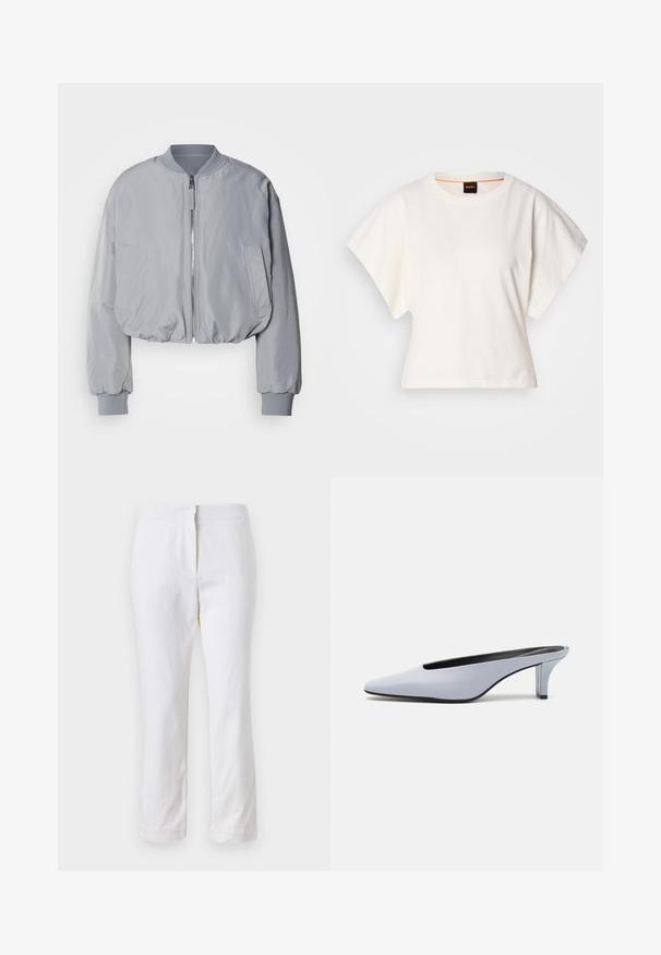 Jaqueta bomber cinza claro, cortada, com colarinho canelado, fecho de correr à frente, dois bolsos laterais e punhos e bainha elásticos. Textura de tecido suave.; T-shirt branco cropped, mangas curtas e largas, material de algodão suave, decote redondo com um discreto acabamento laranja, design minimalista, sem padrões ou gráficos.; Calças de algodão brancas com um design de perna reta, apresentando uma cintura de altura média e sem hardware ou padrões visíveis. Textura suave por toda a peça.; Mule de pele patente azul claro com bico alongado, salto baixo transparente e um design elegante com um recorte no vamp.